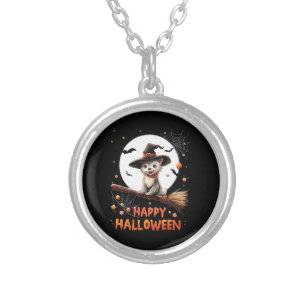 Funny Puppy Dog Witch Candy Spooky Ghost Halloween Silver Plated Necklace