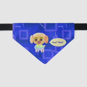 Funny Puppy Says Woof on Blue Geometric for Cats Pet Bandana Collar