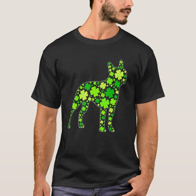 Funny Puppy Shamrock Boston Terrier Dog St Patrick T-Shirt (Front)