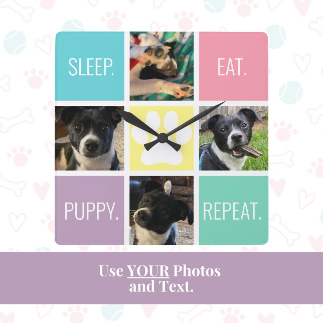 Funny Puppy Sleep Eat Repeat Dog Lover Pastel  Square Wall Clock (This dog mom custom photo and text clock is a cute, practical and unique gift for Mother's Day!)
