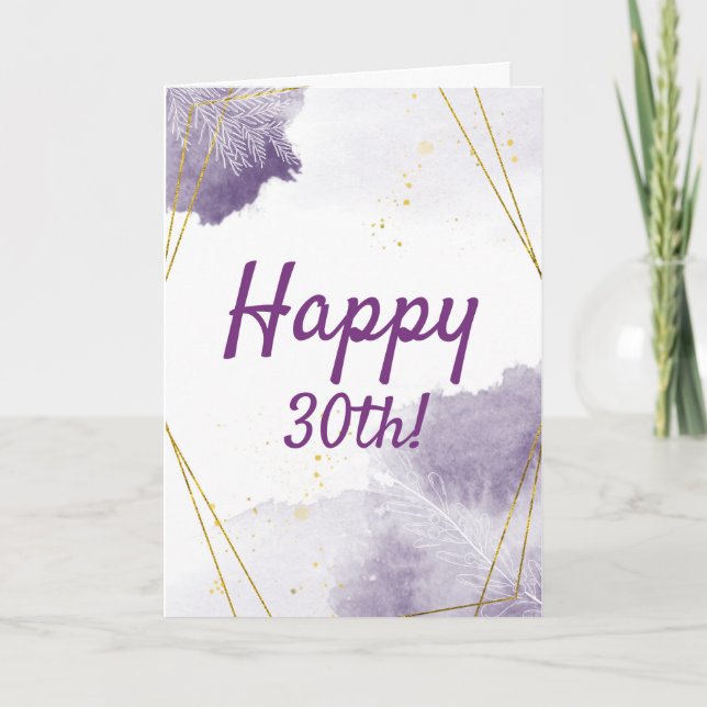 Funny Purple 30th Birthday Watercolor, Gold Frame Card (Front)
