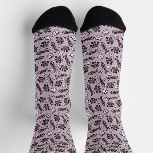 Funny Purple Black and White Cats Drawing Socks