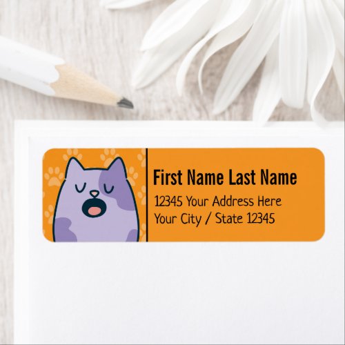 Funny Purple Cartoon Cat, Name Option On Orange Label