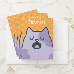 Funny Purple Cartoon Cat, Name Option On Orange Pocket Folder