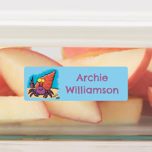 Funny purple cartoon hermit crab personalized labels (Affixed)