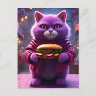 Funny Purple Cat With a Cheeseburger
