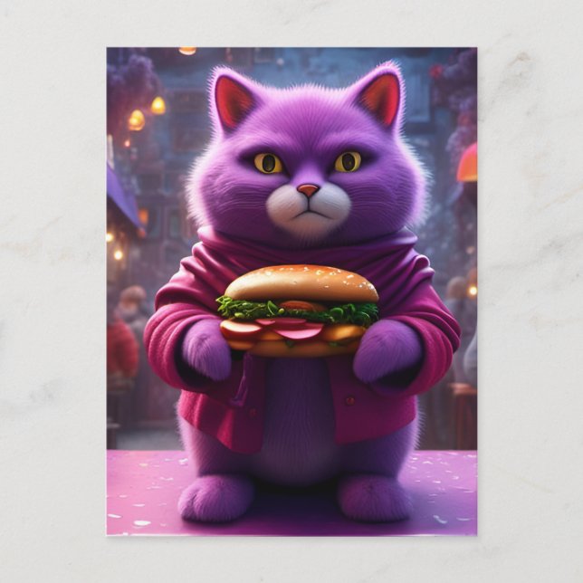 Funny Purple Cat With a Cheeseburger Postcard (Front)