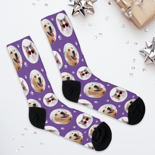 Funny Purple Custom 2 Pet Photo Paw Print Socks (Creator Uploaded)