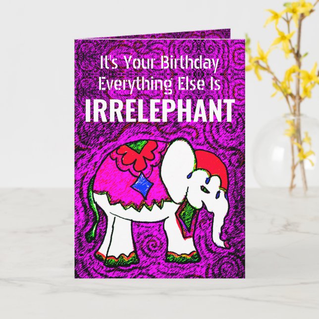 Funny Purple Elephant Birthday Note Card (Yellow Flower)