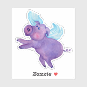 Funny Purple Flying Pig Watercolor Painting Sticker