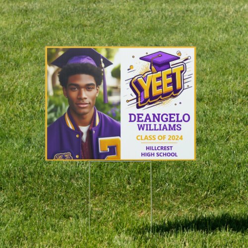 Funny Purple  Gold Yeet Photo Graduation  Sign