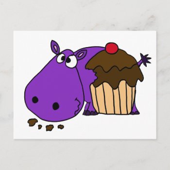 Funny Purple Hippo Eating Cupcake Postcard by tickleyourfunnybone at Zazzle