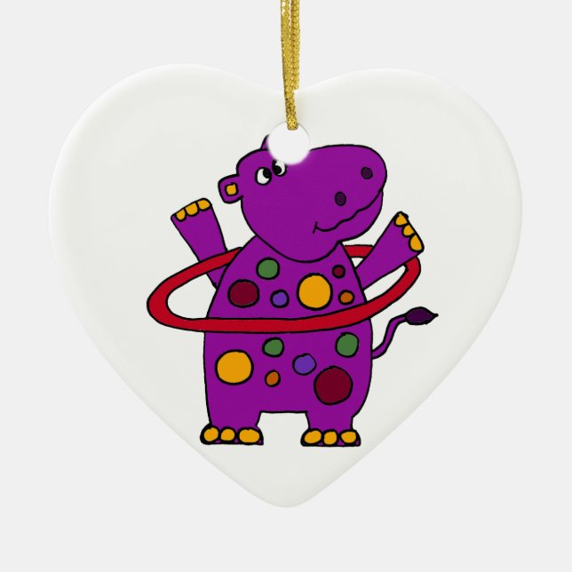 Funny Purple Hippo Playing Hula Hoop Ceramic Ornament (Front)