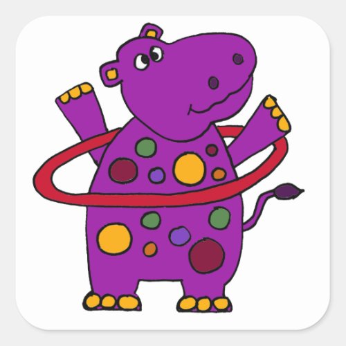 Funny Purple Hippo Playing Hula Hoop Square Sticker