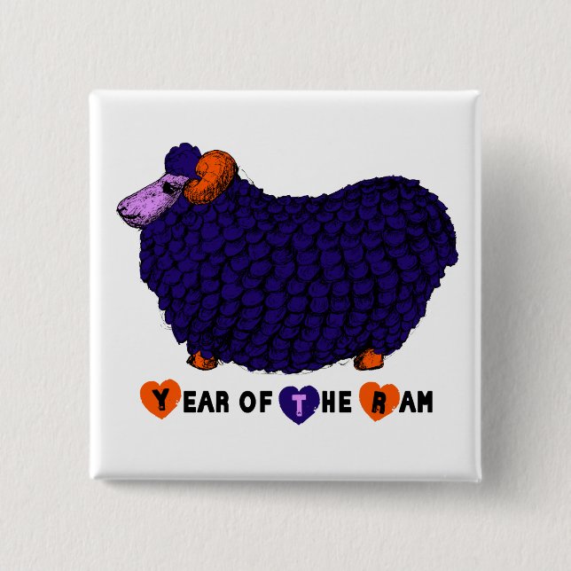Funny Purple Ram Chinese Year Zodiac Square B Pinback Button (Front)