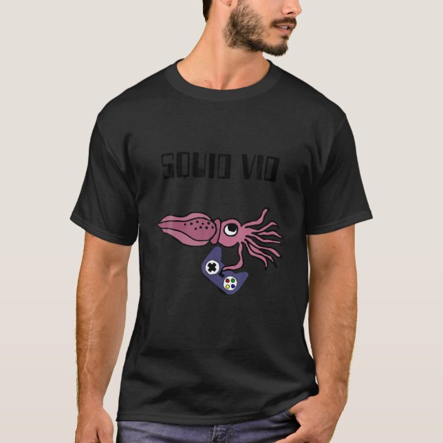 Funny Purple Squid Playing Video Game Cartoon T Sh T-Shirt (Front)