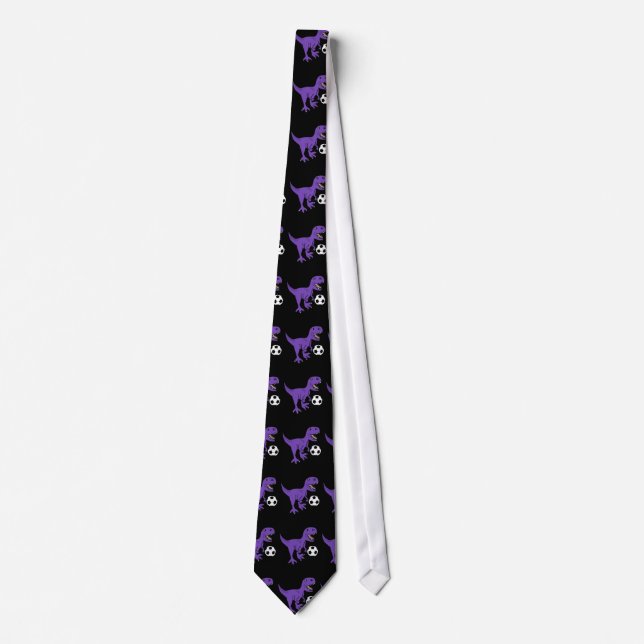 Funny Purple T-rex Dinosaur Playing Soccer Neck Tie (Front)