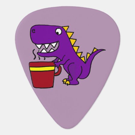 Funny Purple T-rex Dinosaur With Coffee Mug Guitar Pick
