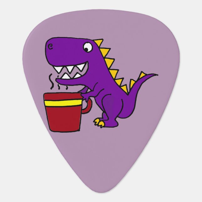 Funny Purple T-Rex Dinosaur with Coffee Mug Guitar Pick (Front)