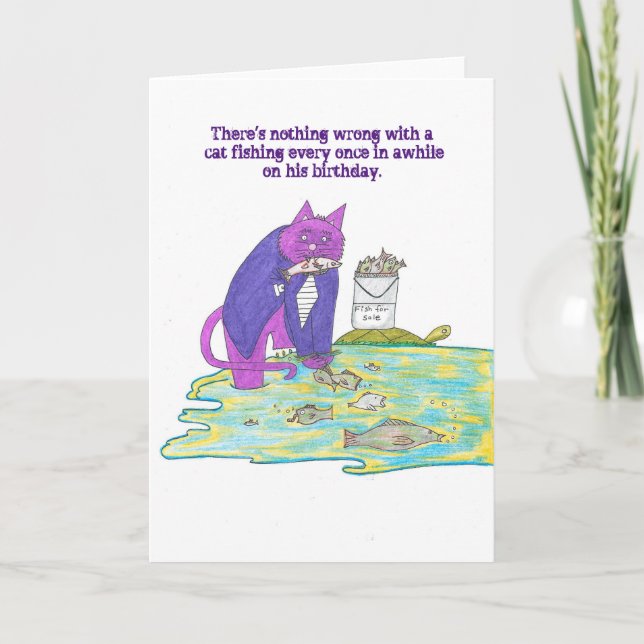 Funny Purple the Working Cat Birthday Fishing Card (Front)