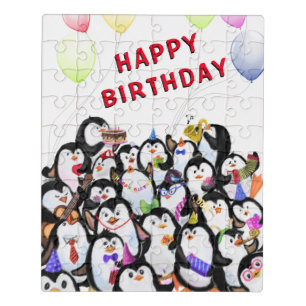 Funny Puzzle with Happy Birthday Penguins Party