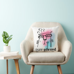 Funny Puzzled Cat  Typography Purr-Plexed Pun Throw Pillow