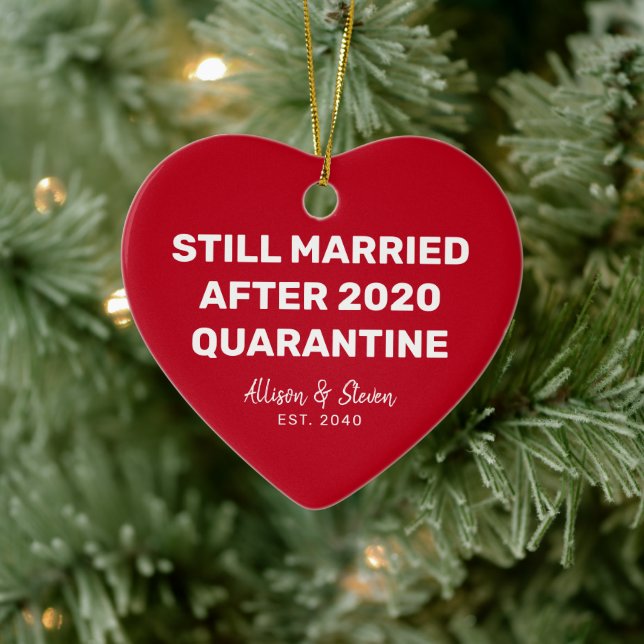 Funny Quarantine 2020 Red Heart Couples Names Ceramic Ornament (Tree)