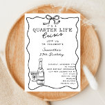 Funny Quarter Life Crisis Retro Bow 25th Birthday Invitation<br><div class="desc">Funny Quarter Life Crisis Retro Bow 25th Birthday Invitation - Celebrate her 25th birthday in style with this delightful retro black and white invitation! Designed with a hand drawn vintage French aesthetic, this elegant invite features delicate squiggles, wavy borders, and detailed illustrations of a champagne toast. The personalized handwritten font...</div>