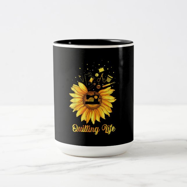 Funny Quilting Life Love Sun Flower Quilters Gift Two-Tone Coffee Mug (Center)