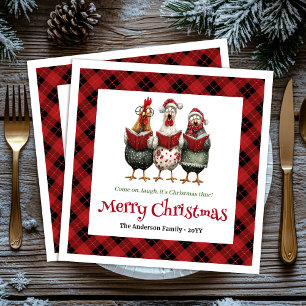 Funny quirky chickens Christmas napkin custom name