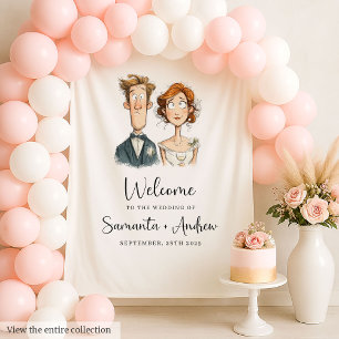 Funny Quirky Newlyweds Wedding Backdrop Watercolor