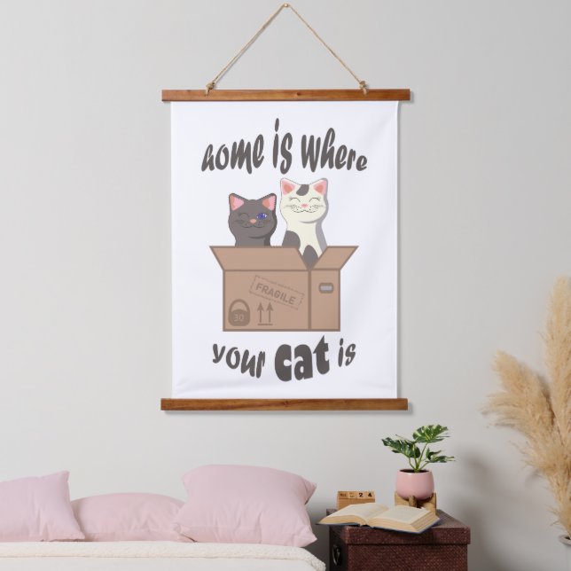 Funny quote Home is where your cat is Hanging Tapestry (Bedroom)