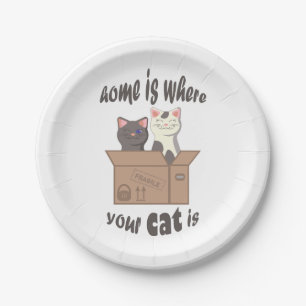 Funny quote Home is where your cat is Paper Plates
