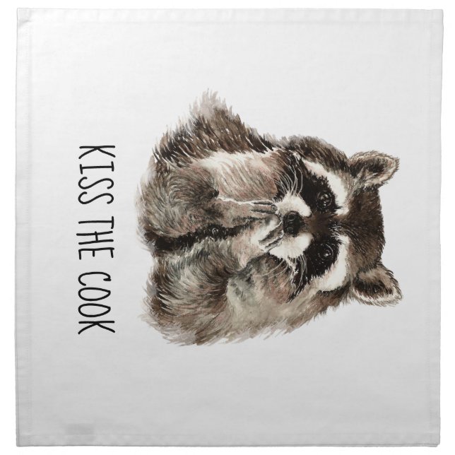 Funny Quote Kiss the Cook Cute Raccoons, Animal Cloth Napkin (Front)