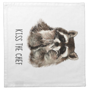 Funny Quote Kiss the Cook Cute Raccoons, Animal Cloth Napkin