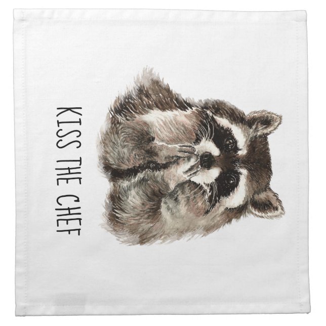 Funny Quote Kiss the Cook Cute Raccoons, Animal Cloth Napkin (Front)