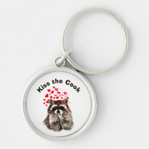 Funny Quote Kiss the Cook Cute Raccoons, Animal Ke Keychain
