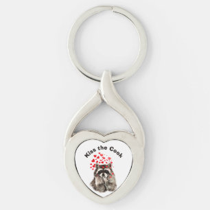 Funny Quote Kiss the Cook Cute Raccoons, Animal Keychain