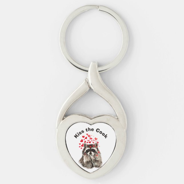 Funny Quote Kiss the Cook Cute Raccoons, Animal  Keychain (Front)