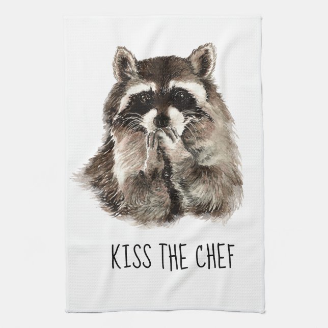 Funny Quote Kiss the Cook Cute Raccoons, Animal Kitchen Towel (Vertical)