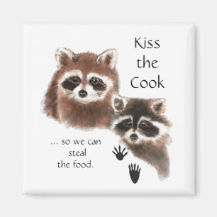 Funny Quote Kiss the Cook Cute Raccoons, Animal Magnet