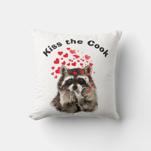 Funny Quote Kiss the Cook Cute Raccoons, Animal Throw Pillow