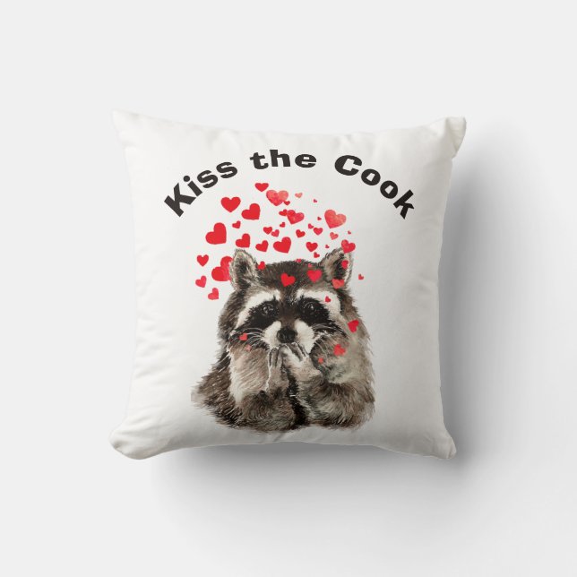 Funny Quote Kiss the Cook Cute Raccoons, Animal  Throw Pillow (Front)