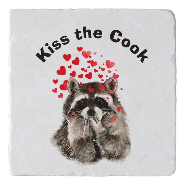 Funny Quote Kiss the Cook Cute Raccoons, Animal Trivet (Front)