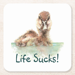 Funny Quote, Life Sucks, Angry Duck, Bird   Square Paper Coaster