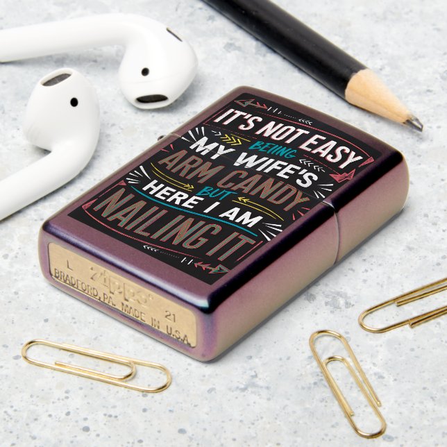 Funny quote on a chalkboard — wife's arm candy zippo lighter (On Table 2)