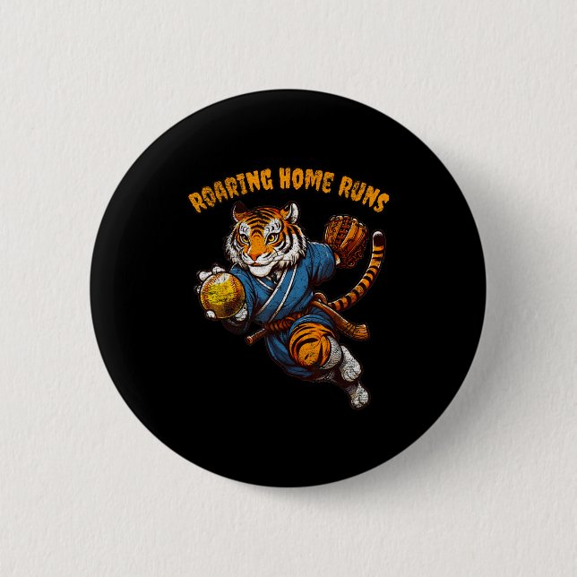 Funny Quote Roaring Home Run Ball Retro Tiger Love Button (Front)