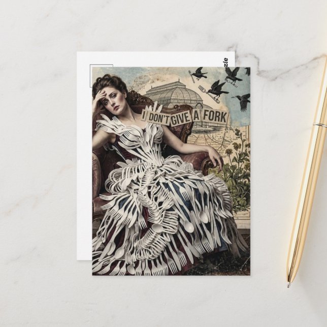 Funny Quote Vintage Woman in a Fork Dress  Postcard (Front/Back In Situ)