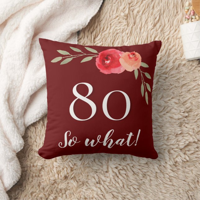 Funny Quote Watercolor Red Rose 80th Birthday Throw Pillow (Blanket)
