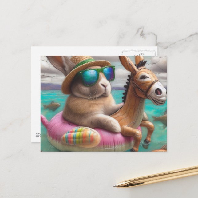Funny Rabbit in a Donkey Float Digital Art Postcard (Front/Back In Situ)